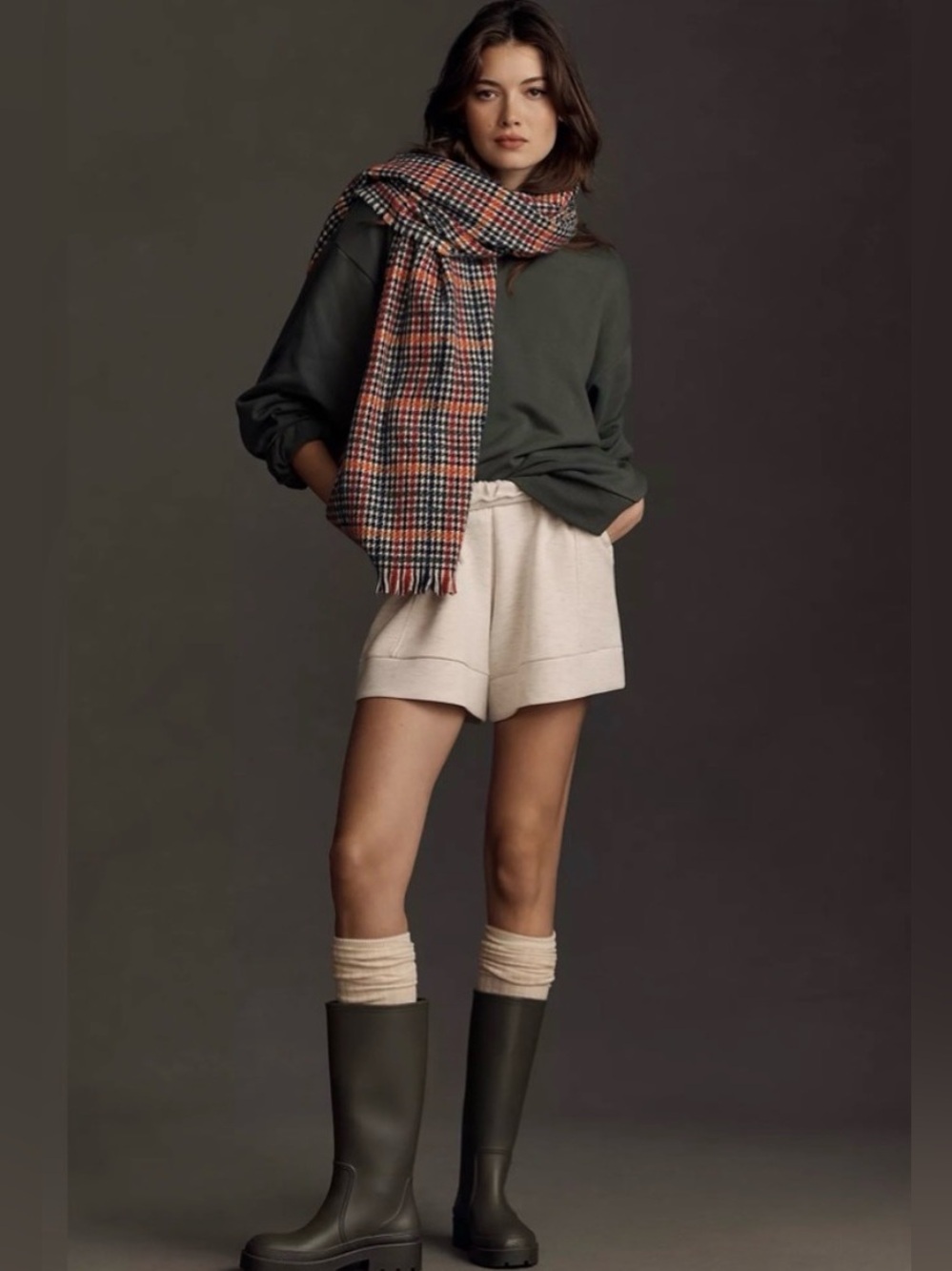 MAEVE houndstooth oversized scarf, navy, hunter green, earth tones, like new